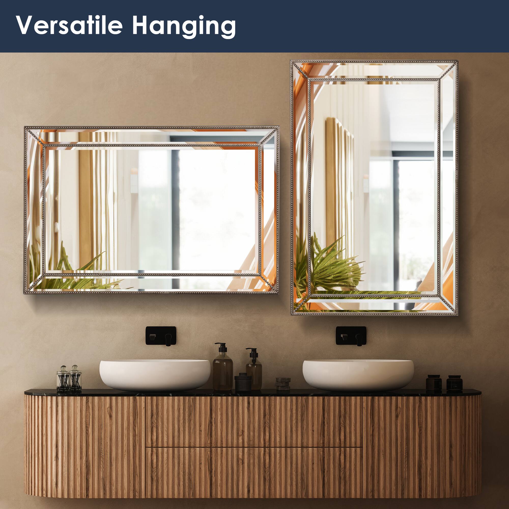 Silver Champagne Beaded Frame Accent Beveled Wall Mirror - 30" x 42"